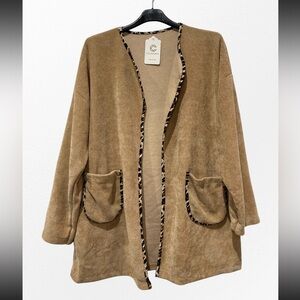 MADE IN ITALY Brown Open Front Cardigan with Leopard Trim
